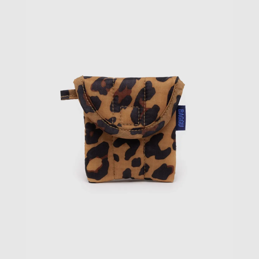 Brown leopard-print puffy earbuds case with a rounded padded flap