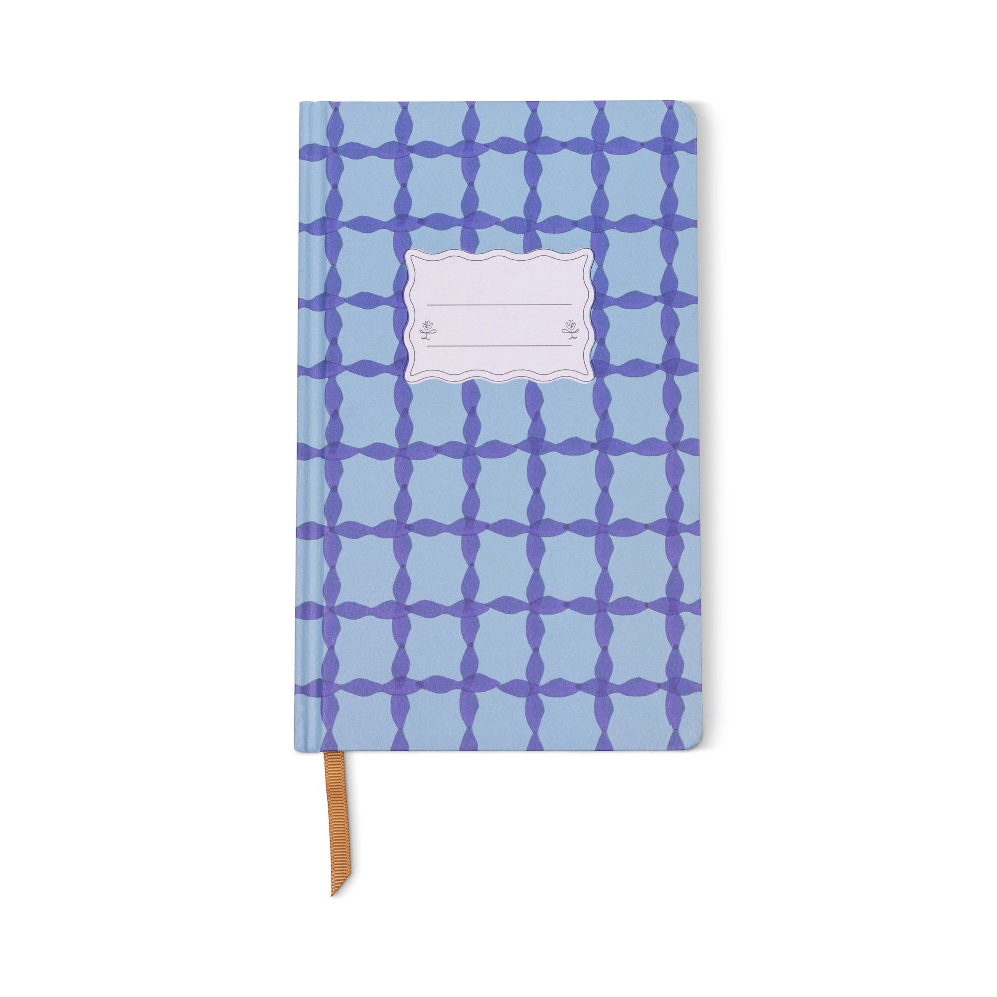 Blue lattice journal with floral lattice pattern, label panel, and ribbon bookmark
