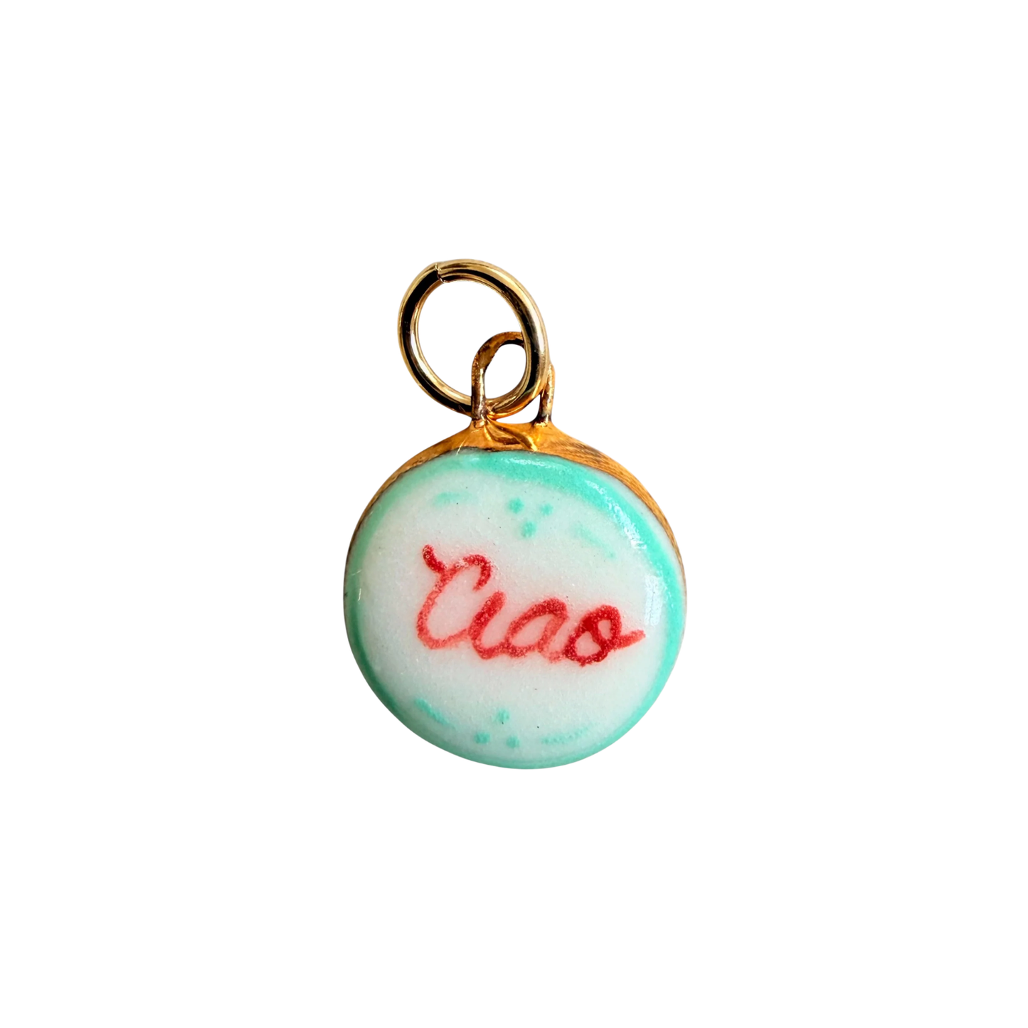 Round turquoise porcelain charm with red 'Ciao' script and gold loop bail