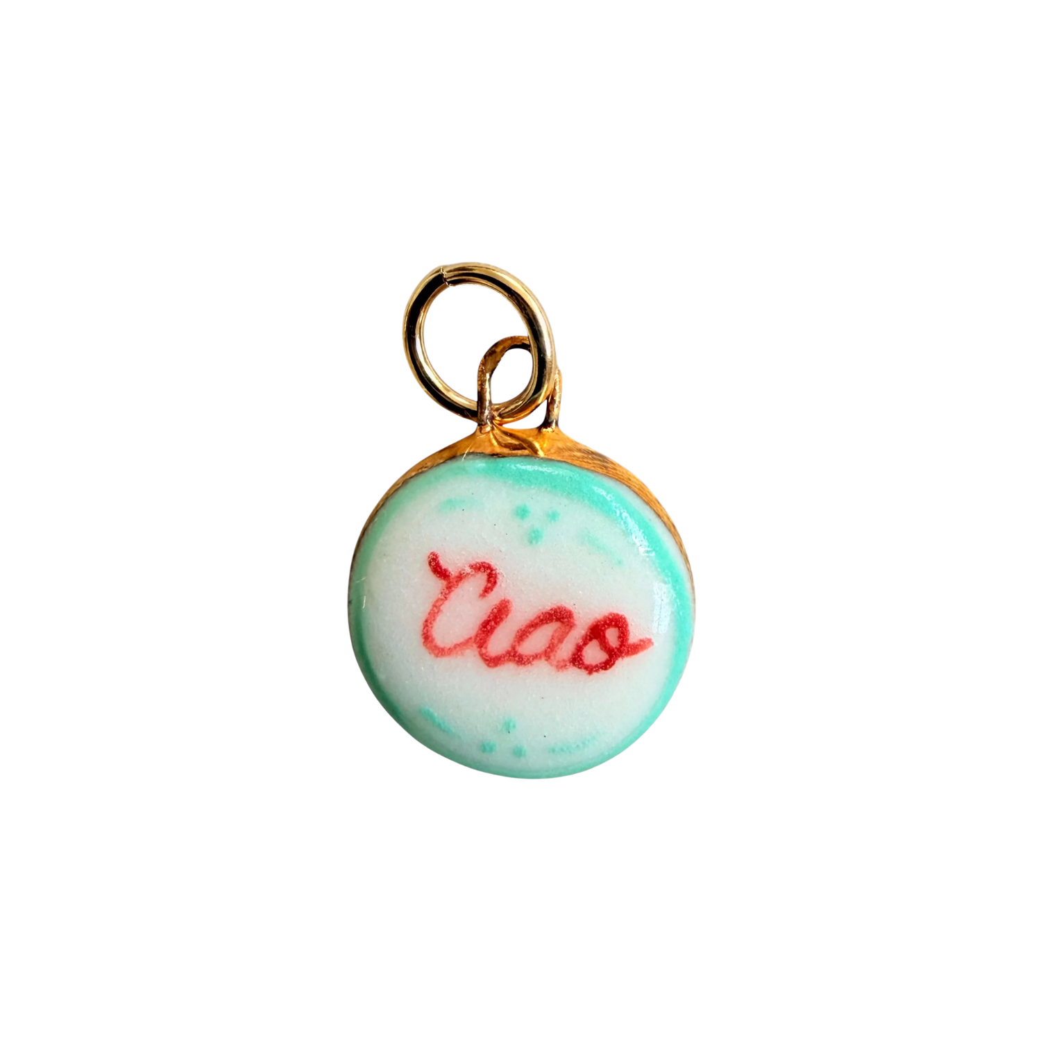 Round turquoise porcelain charm with red 'Ciao' script and gold loop bail