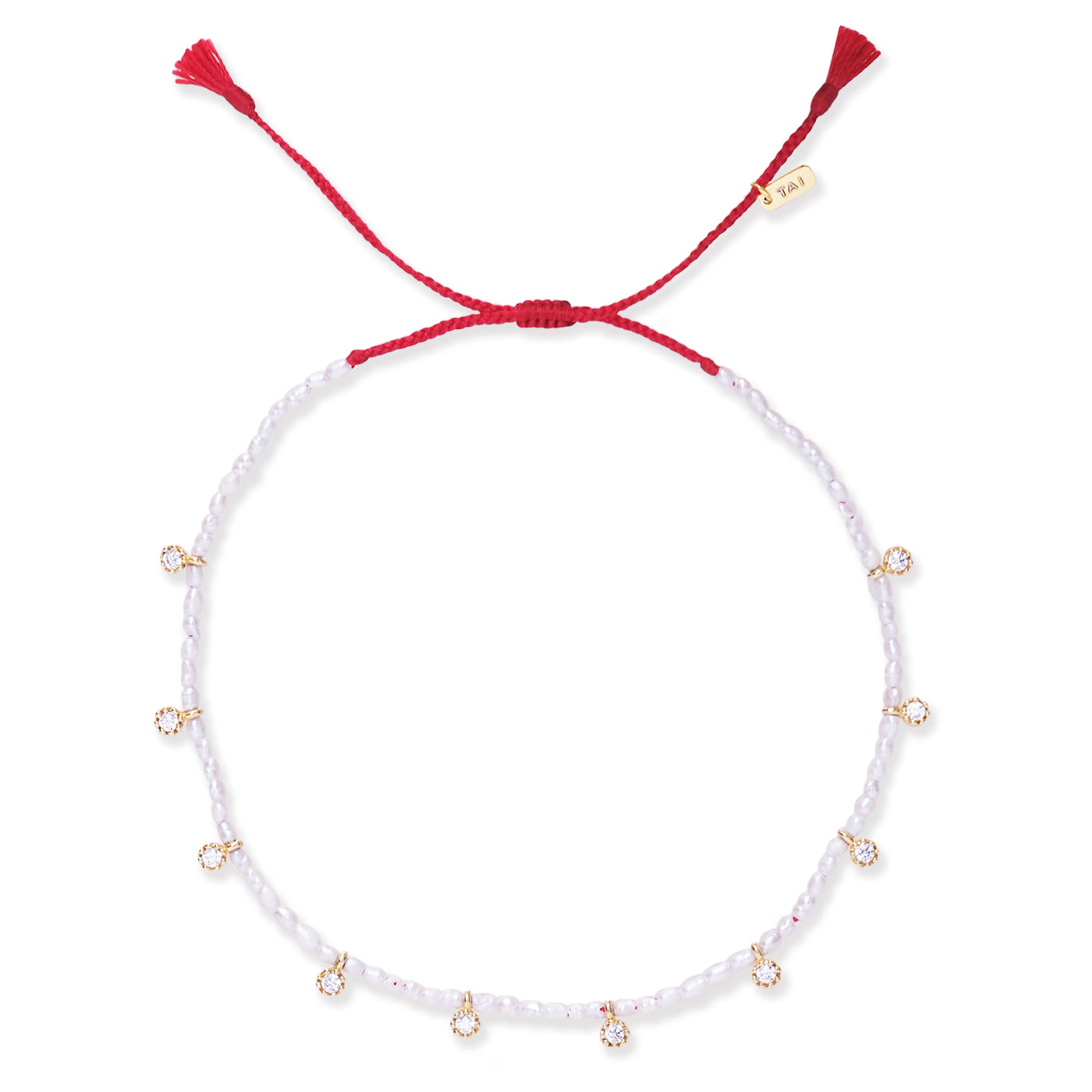 White pearl charm bracelet with red cord and small CZ bead drops