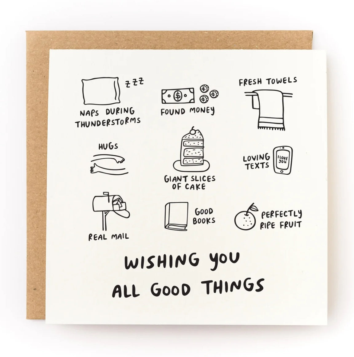 Letterpress greeting card with envelope; line icons and 'WISHING YOU ALL GOOD THINGS' text