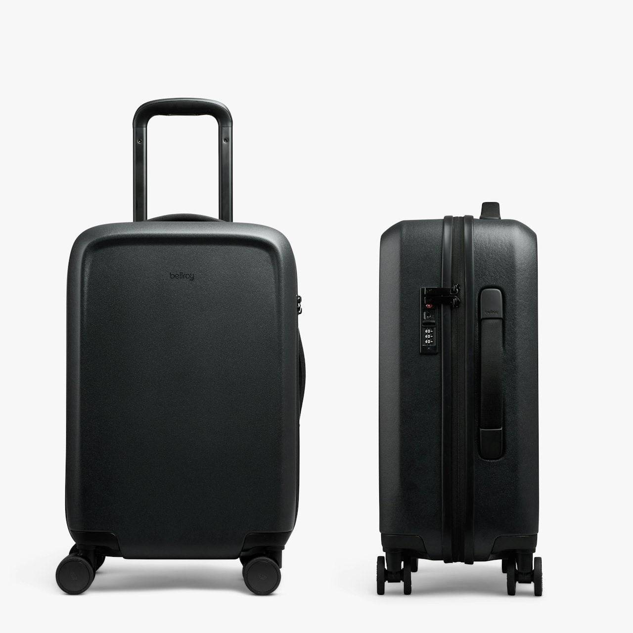 Black hard-shell carry-on suitcase front and side with telescoping handle and wheels