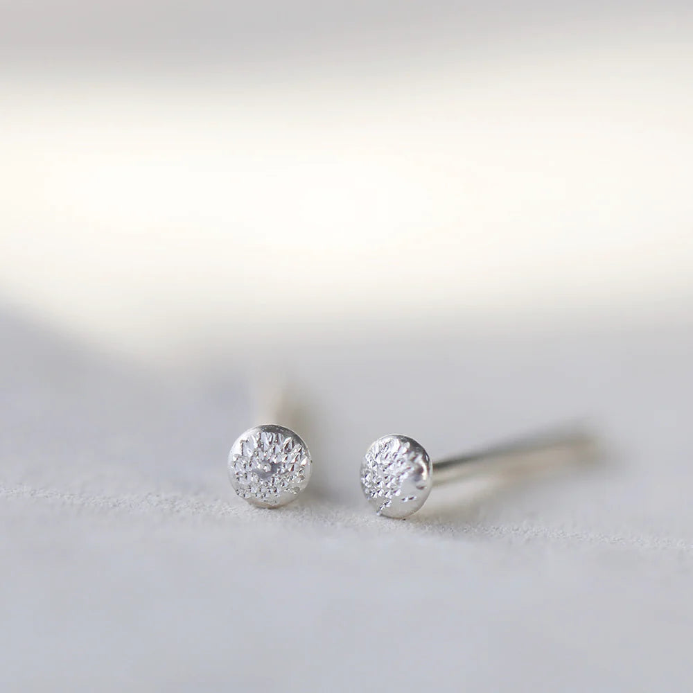 Sterling silver stud earrings with round diamond-dusted texture, visible posts