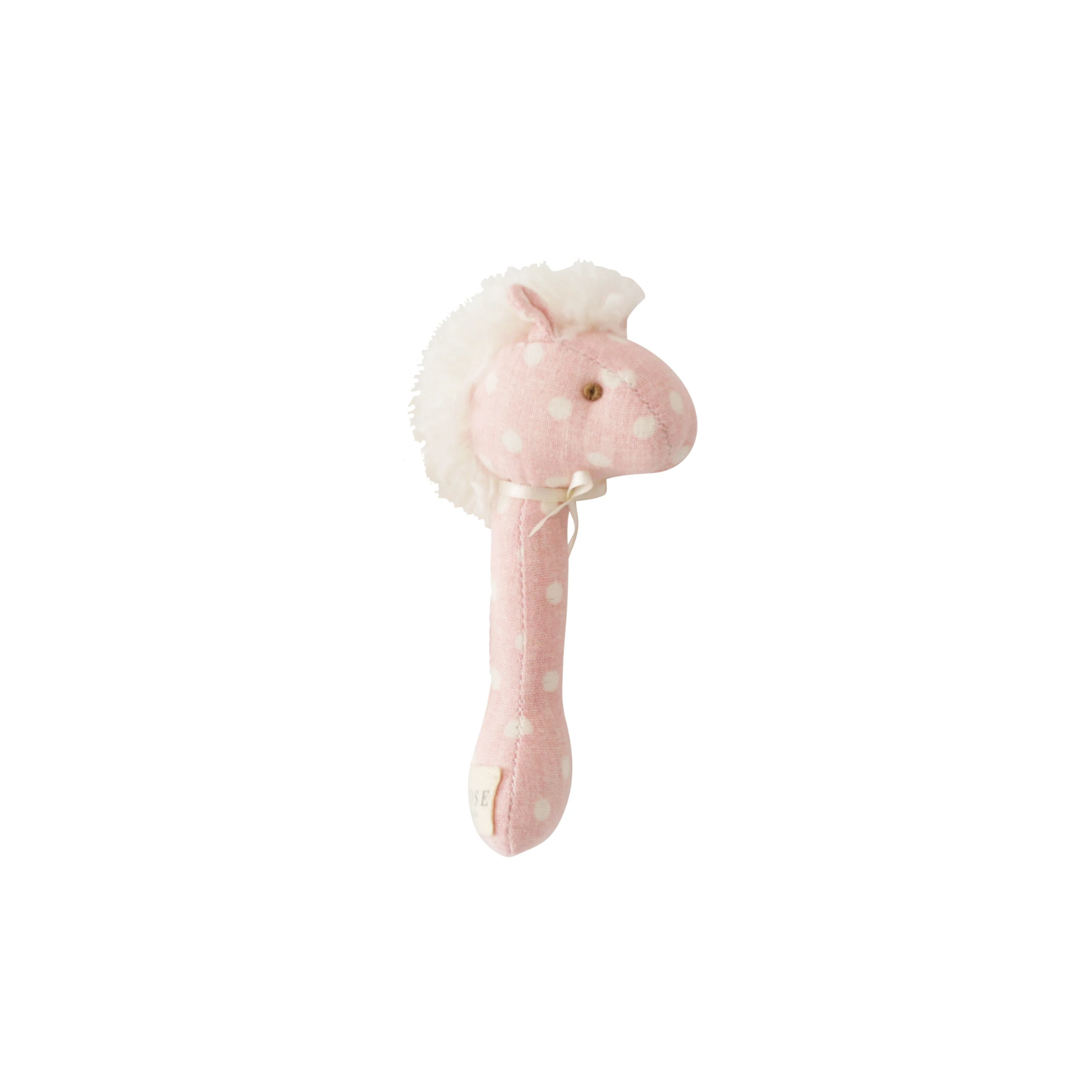 Pink polka-dot horse stick rattle with soft white mane and ribbon bow