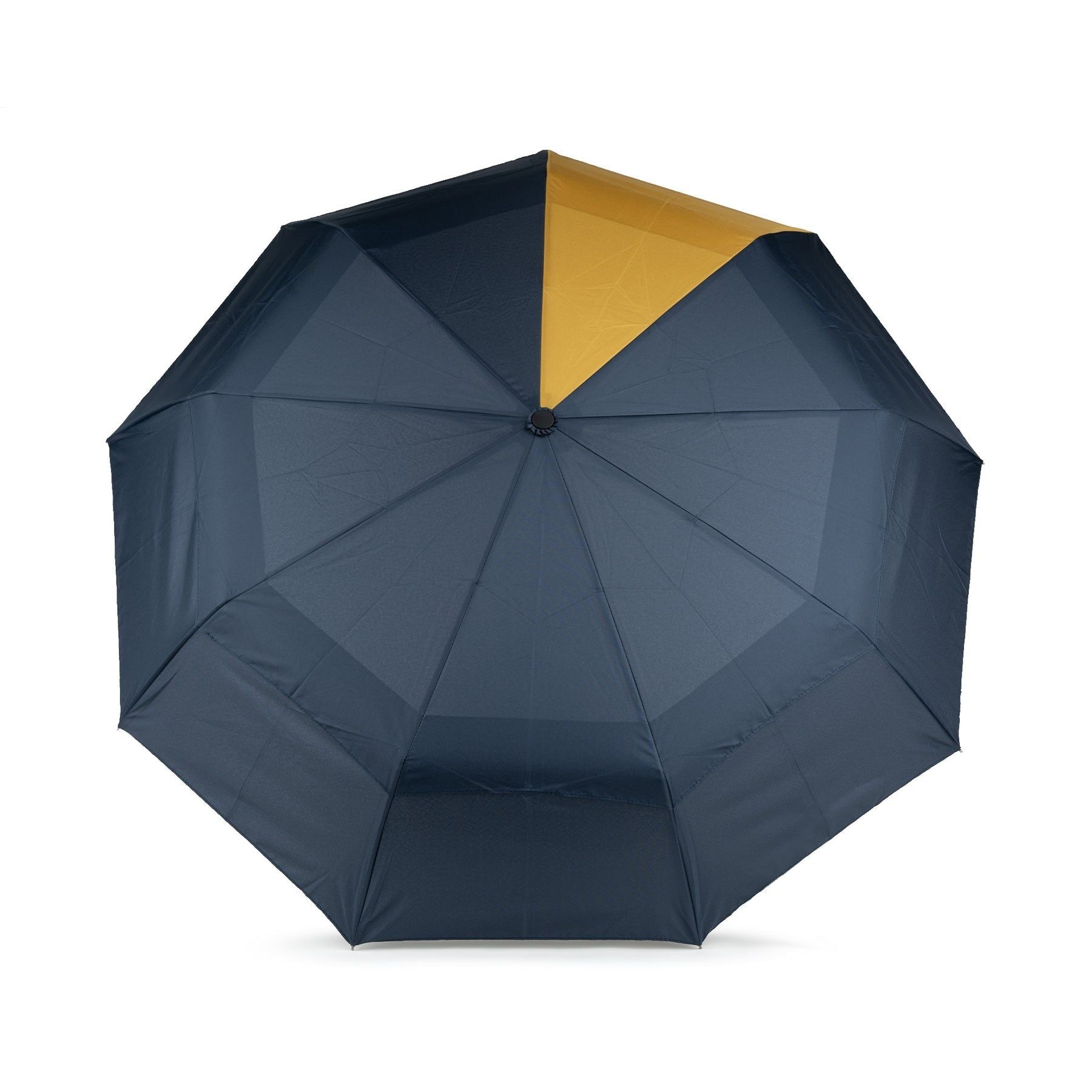 Recycled nylon umbrella, dark navy canopy with yellow interior panels