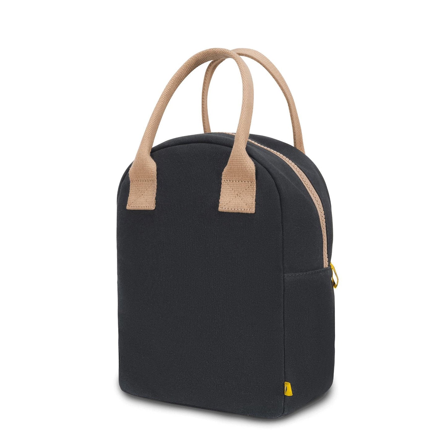 Dark zipper lunch bag with beige handles and yellow zipper pull, angled side view