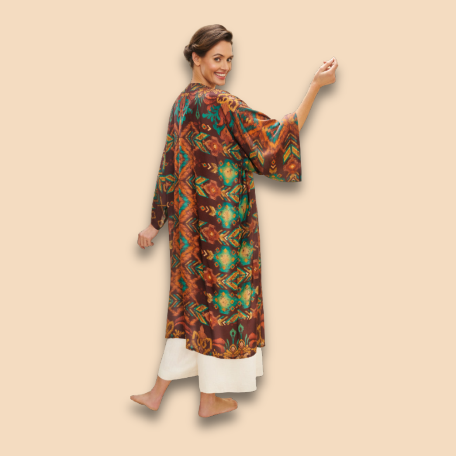 Chocolate batik kimono with teal geometric pattern, tie belt, flared sleeves