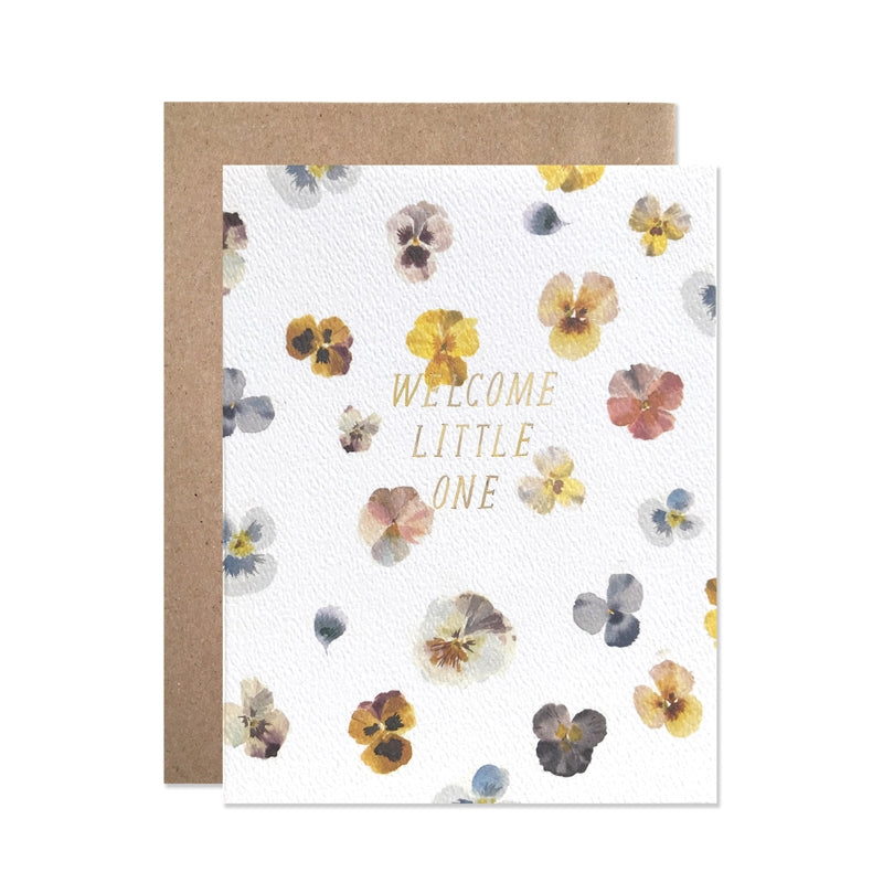 Welcome Little One greeting card with floral butterfly pattern and kraft envelope