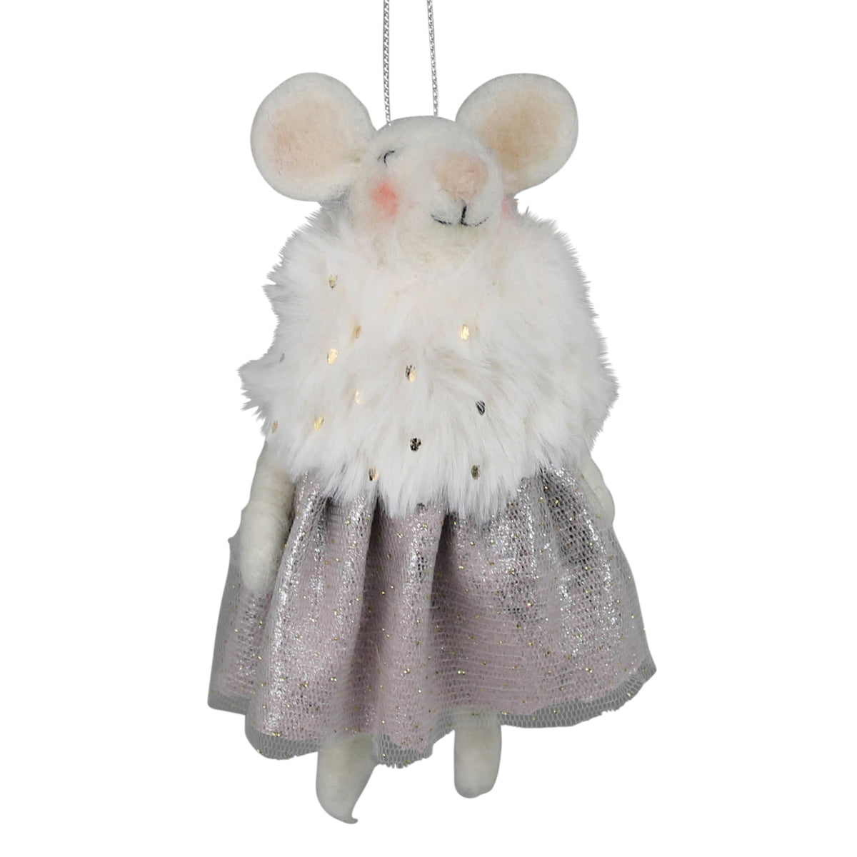 Felt mouse ornament with fuzzy white head and glitter gray dress