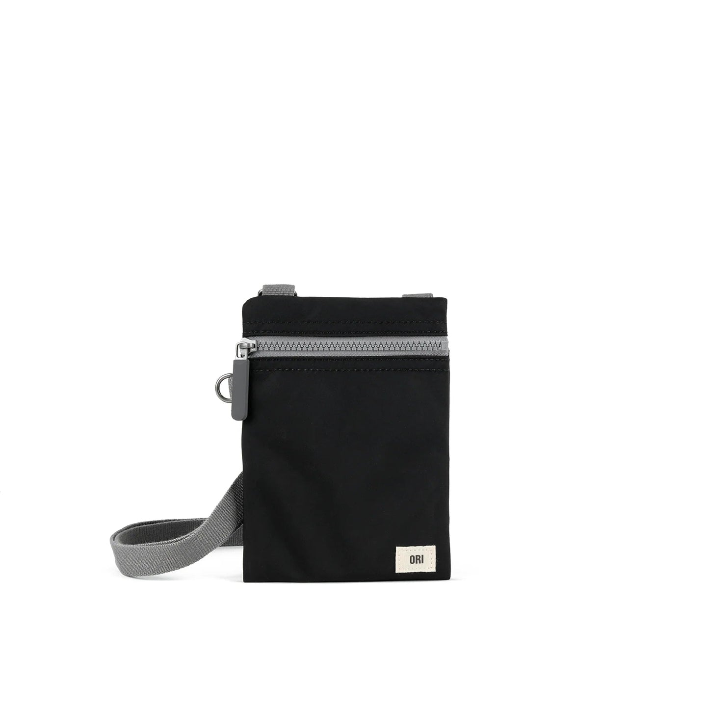 Black recycled nylon pocket crossbody bag with zip top and gray adjustable strap