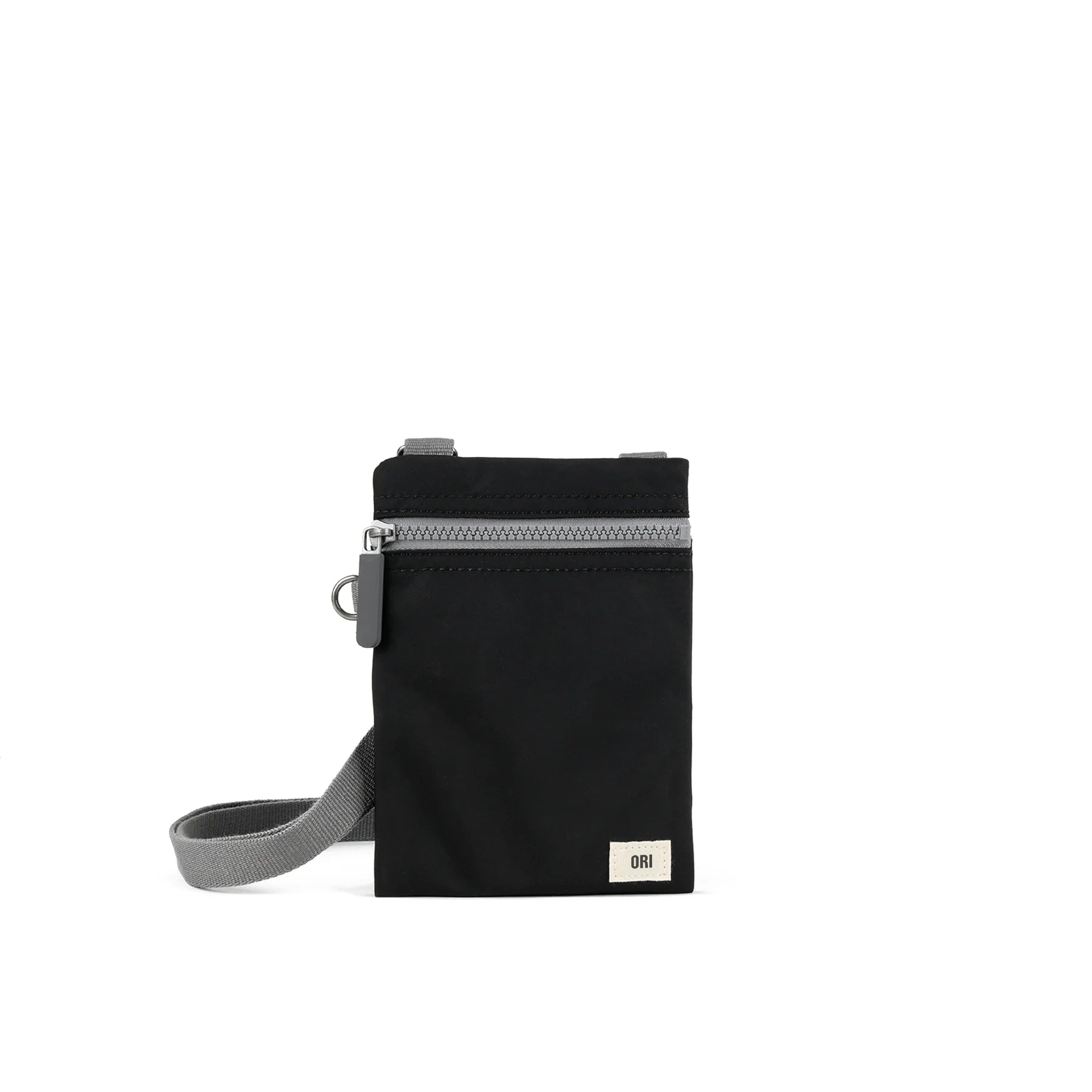Black recycled nylon pocket crossbody bag with zip top and gray adjustable strap