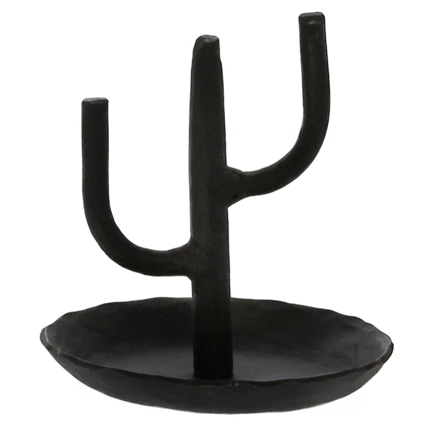 Black cactus ring holder with three ring prongs on a round dish base