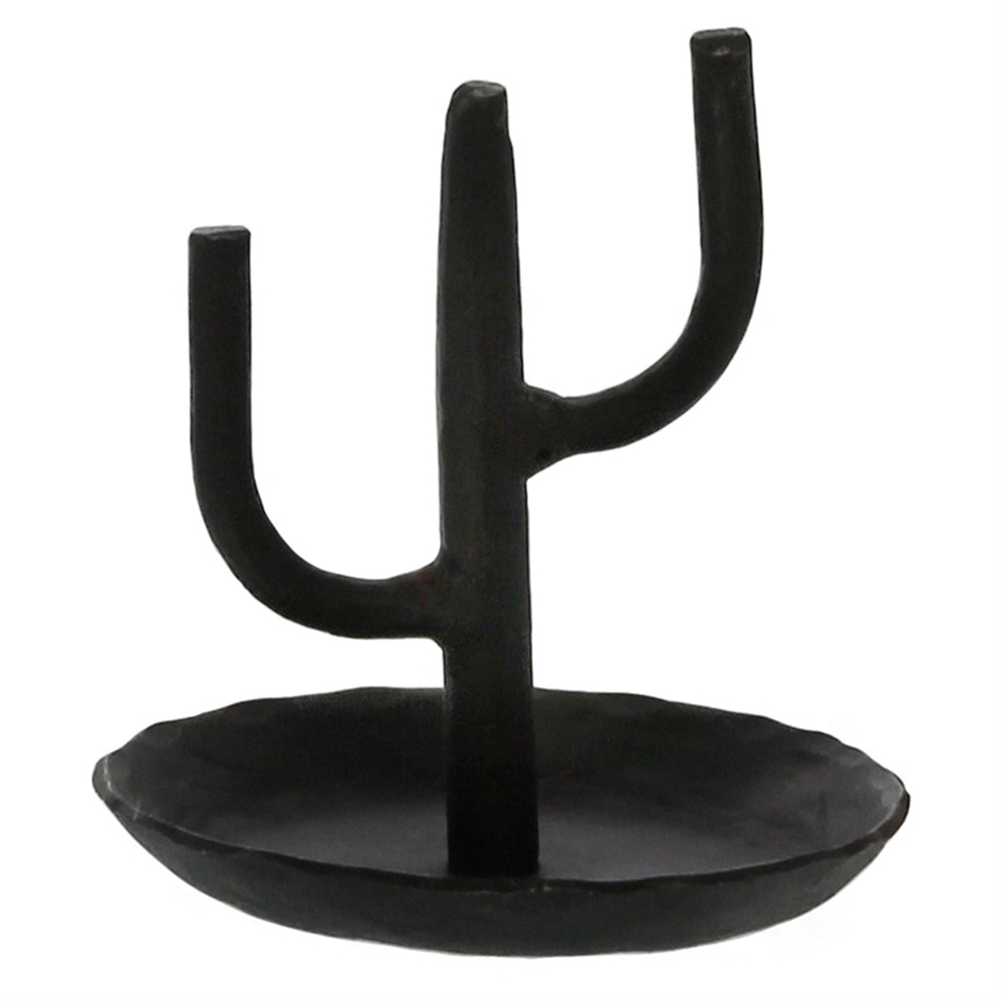 Black cactus ring holder with three ring prongs on a round dish base