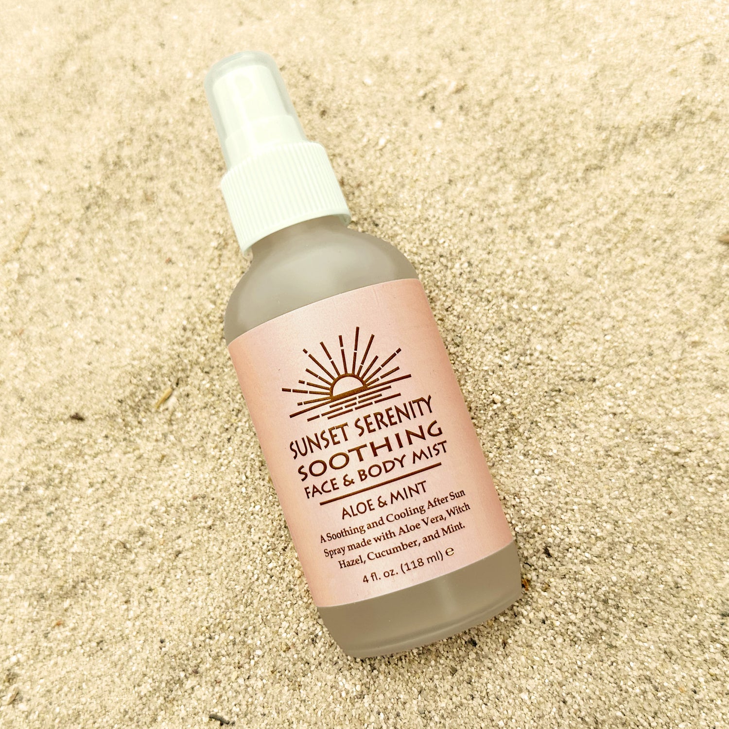 Soothing face & body mist bottle with spray, aloe & mint label