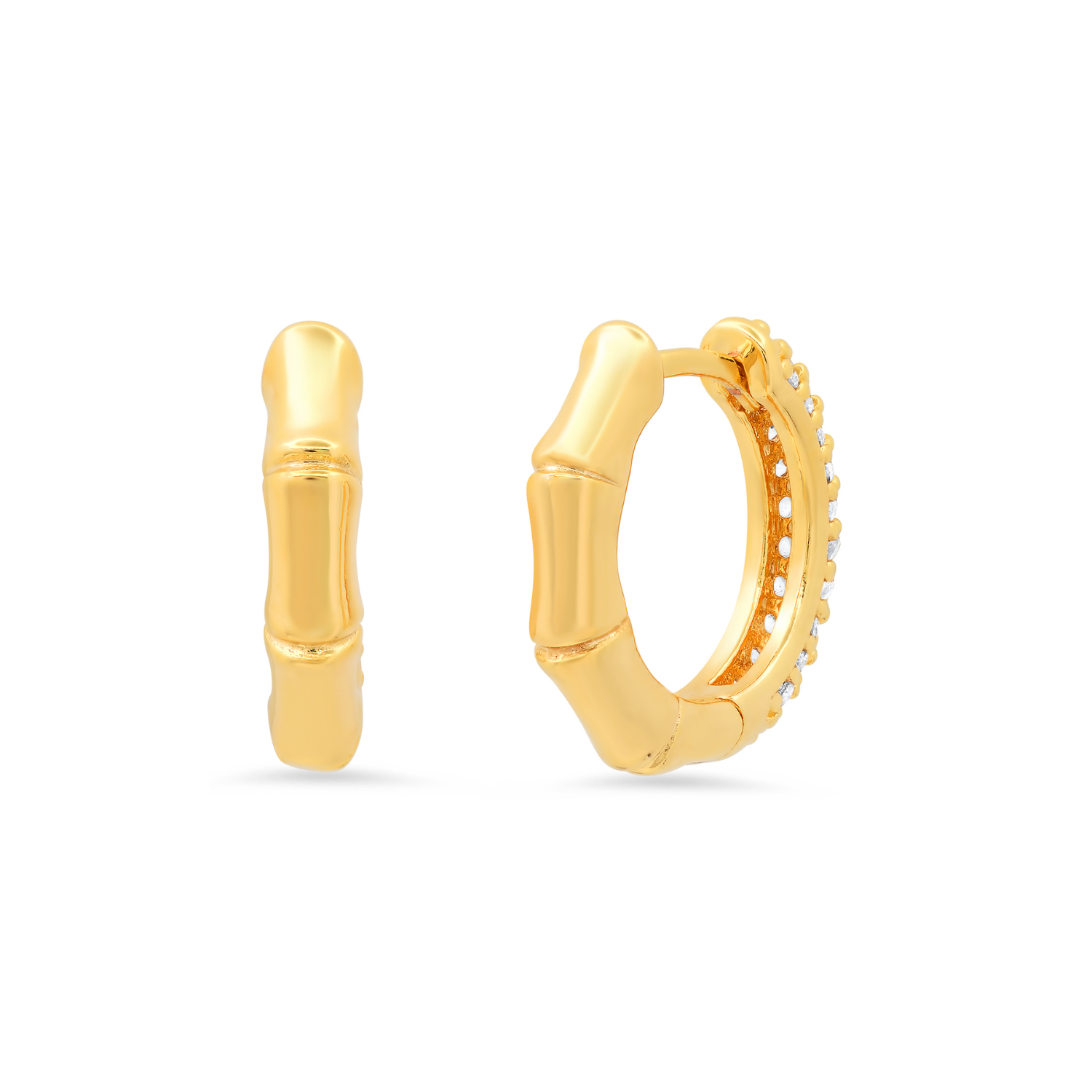 Gold-tone bamboo print huggie hoop earrings with pavé CZ accents
