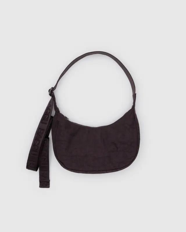 Small nylon crescent bag in dark brown with black adjustable shoulder strap
