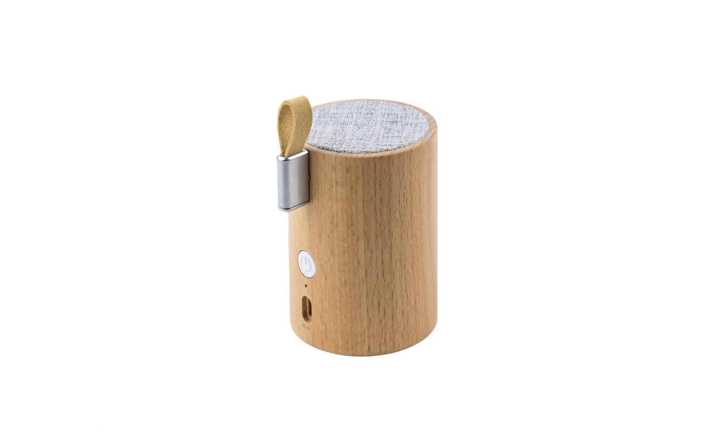 Light beech wood drum-style Bluetooth speaker with fabric top and metal side latch