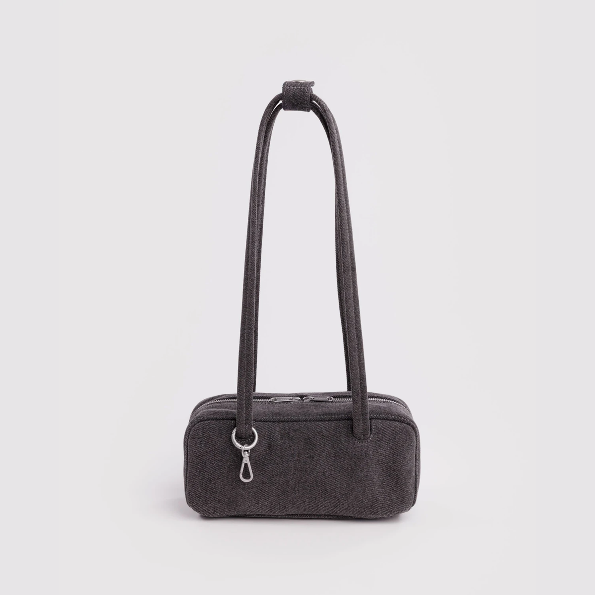 Washed black denim bowler bag with two top handles and front zipper