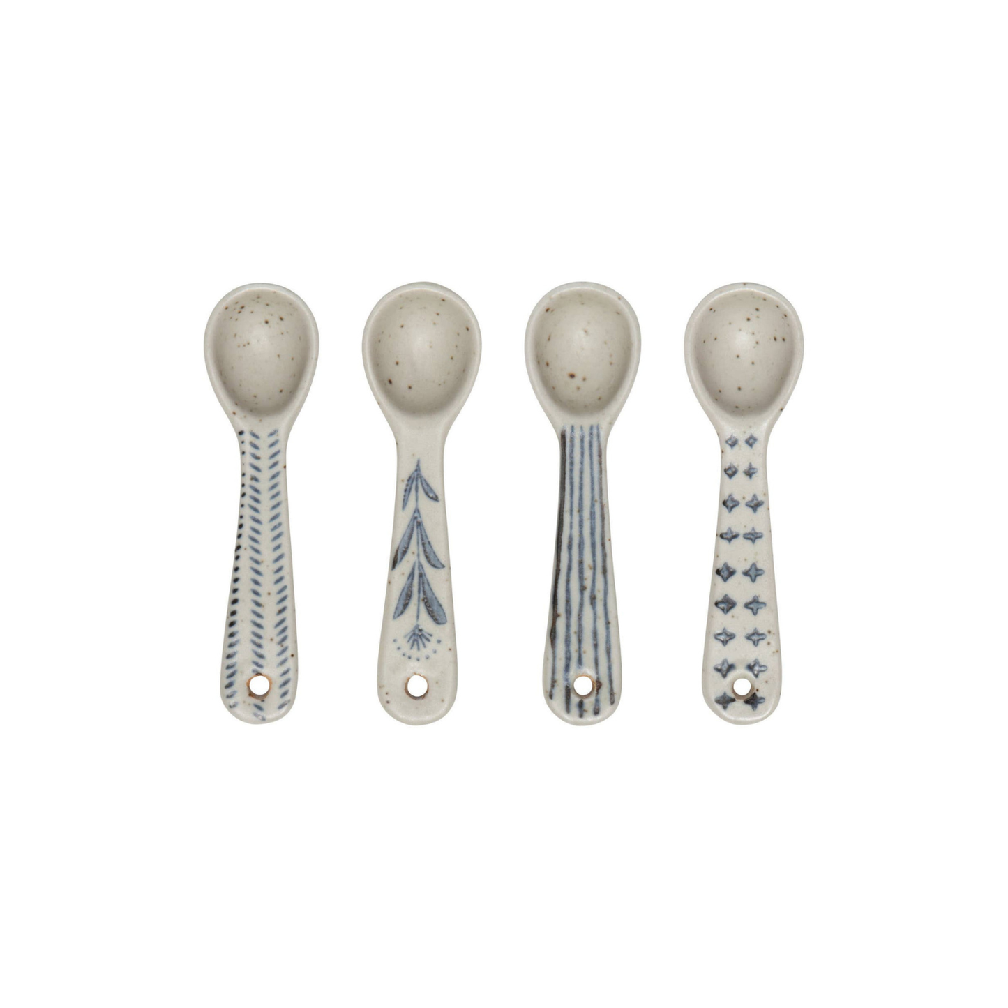 Mini spoon assortment: four small spoons with blue patterns and speckled bowls