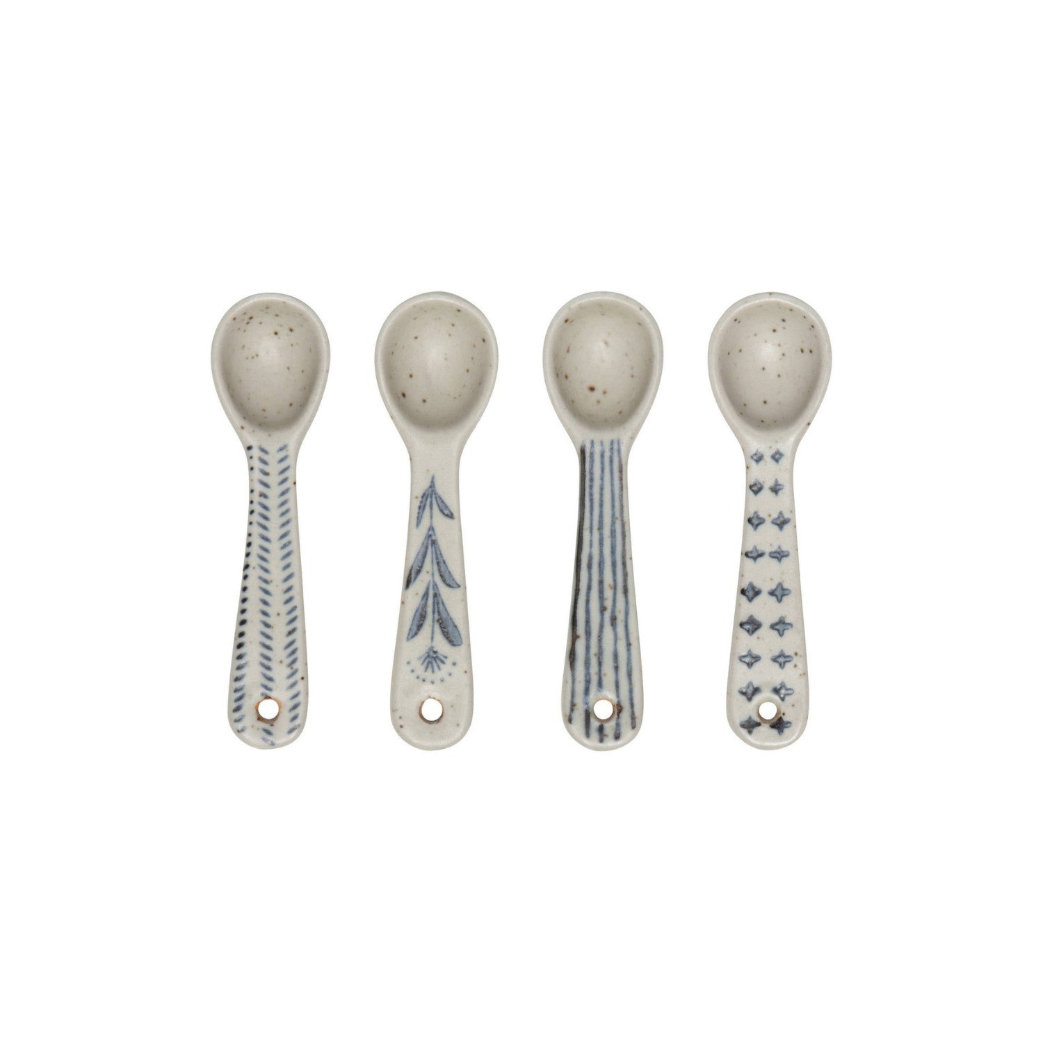 Mini spoon assortment: four small spoons with blue patterns and speckled bowls