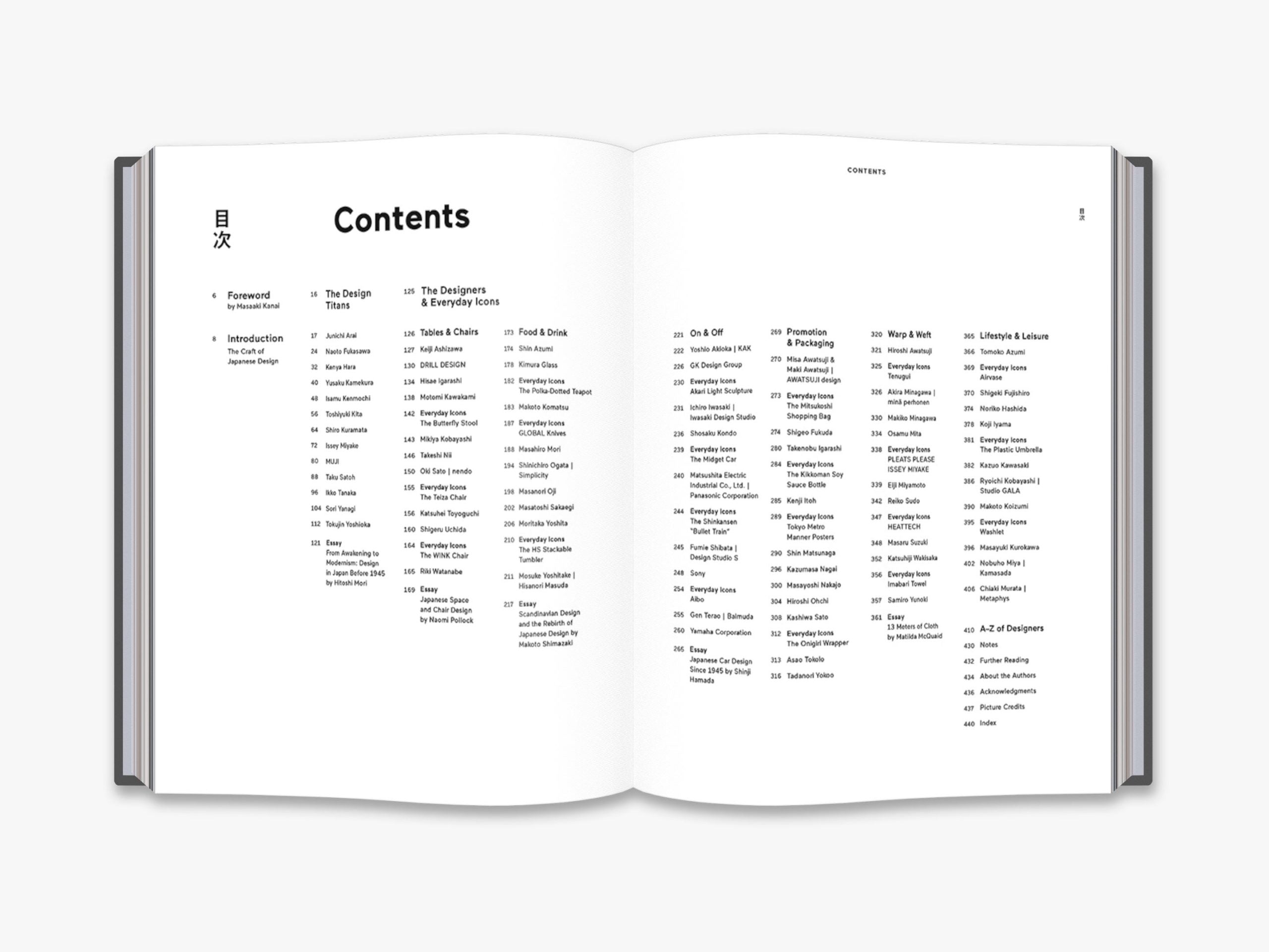 Open design reference book showing a Contents page with section listings