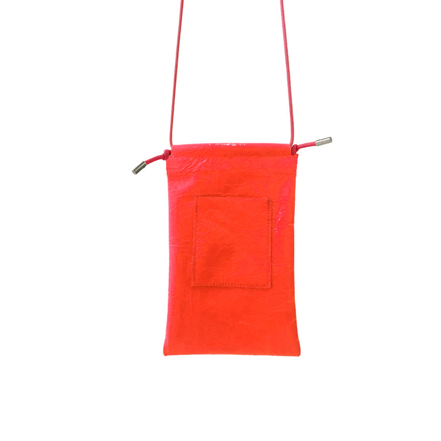 Fluoro red crossbody phone pouch with front flap and adjustable strap
