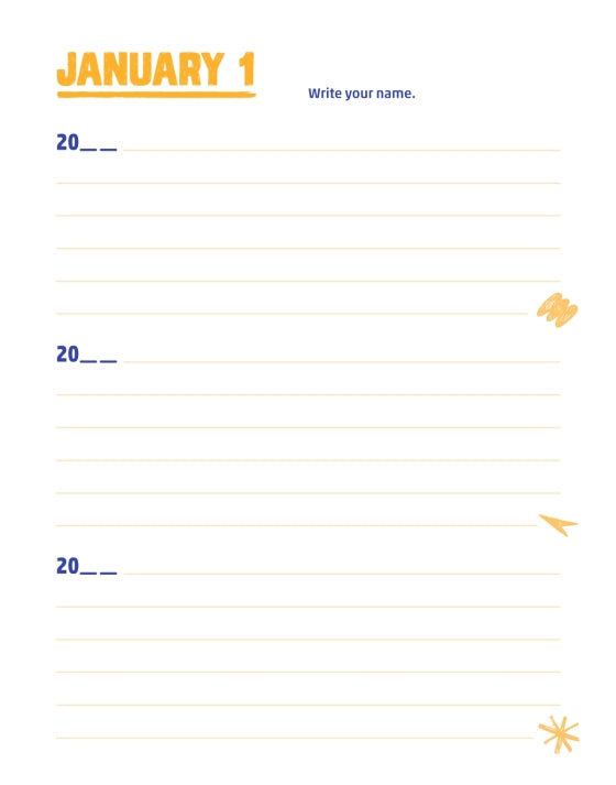 Q&A a Day for Kids journal page for Jan 1: 'Write your name' lines