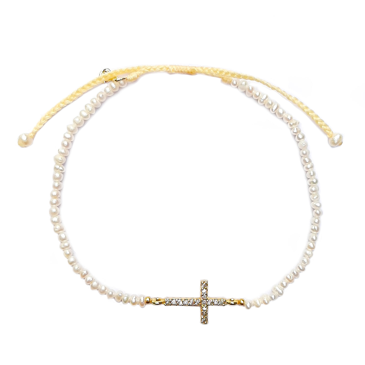 Handmade Pull Tie Pearl Beaded Bracelet with Pave Cross Accent