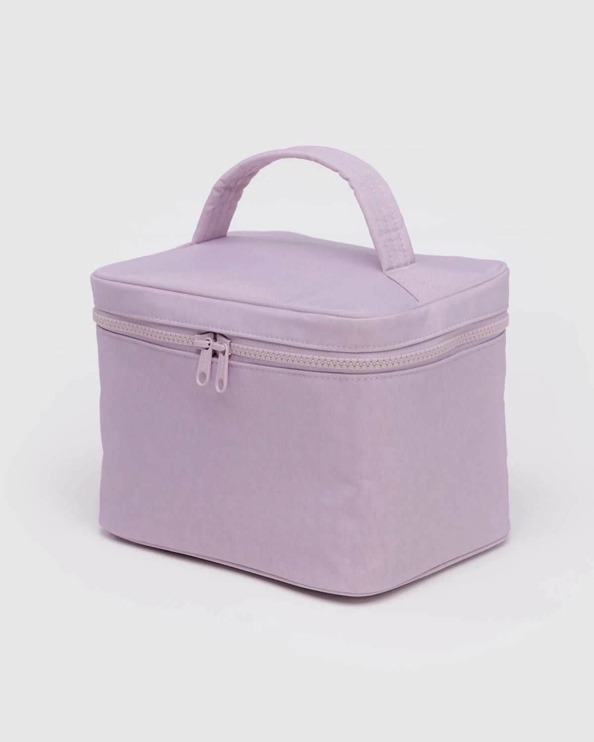 Large lavender cosmetic case with top handle and zip closure.