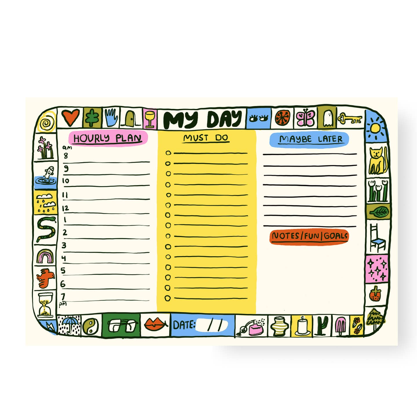 Daily planner notebook with colorful doodle border and hourly plan, must-do and notes sections