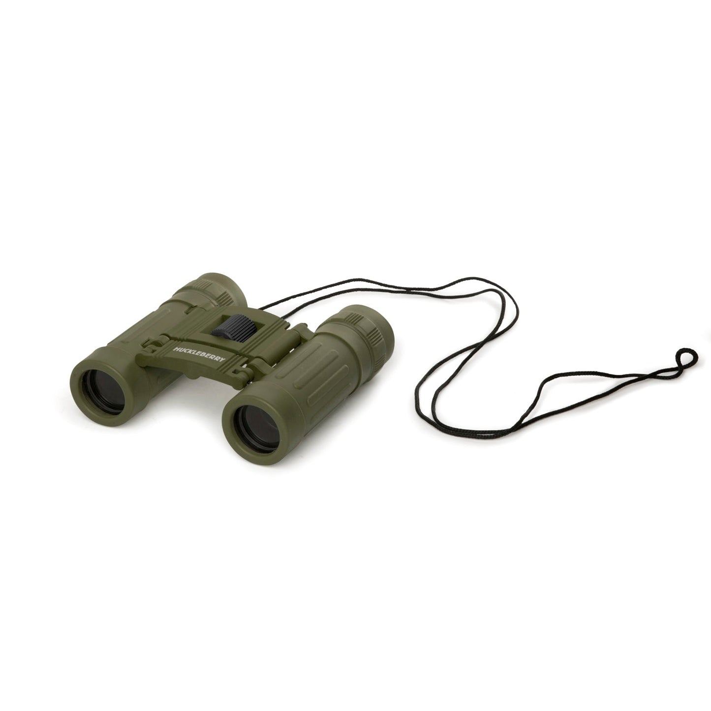 Olive binoculars with attached neck strap, side view