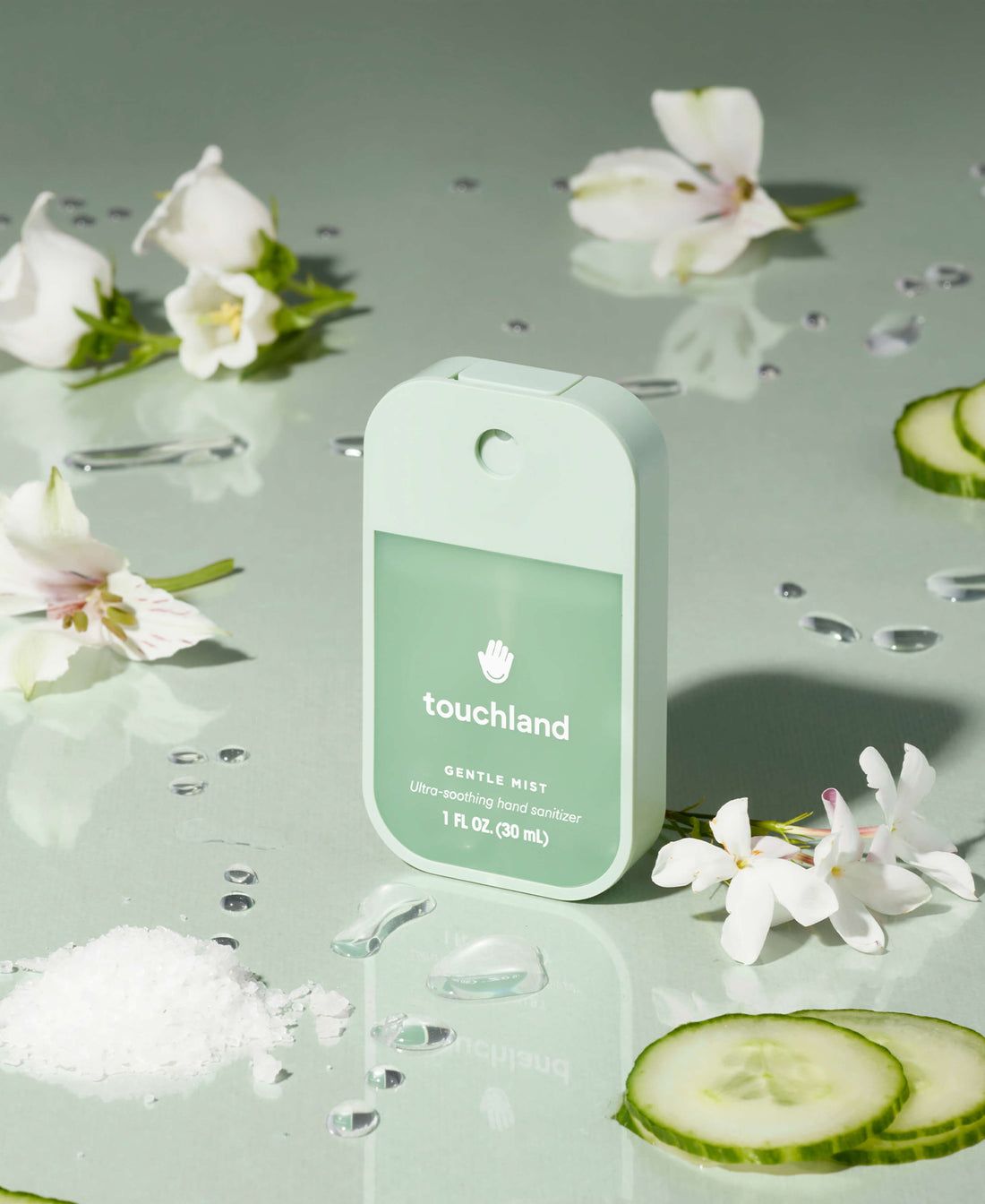 Touchland Gentle Mist hydrating hand sanitizer, white mist dispenser bottle