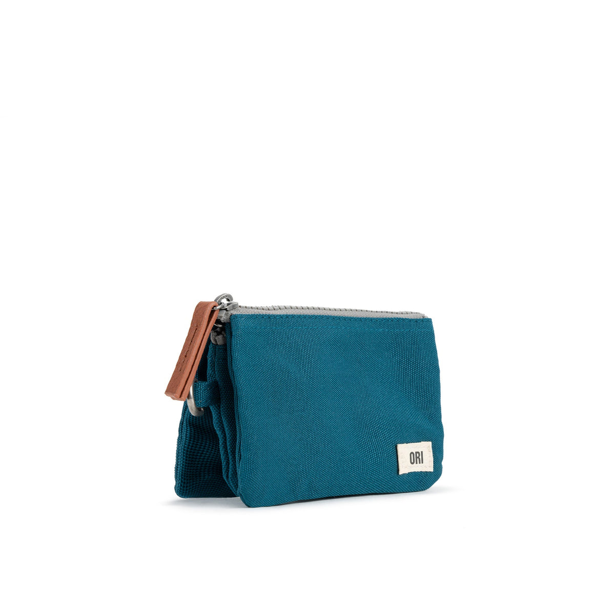 Small marine recycled canvas zip pouch with tan leather loop strap