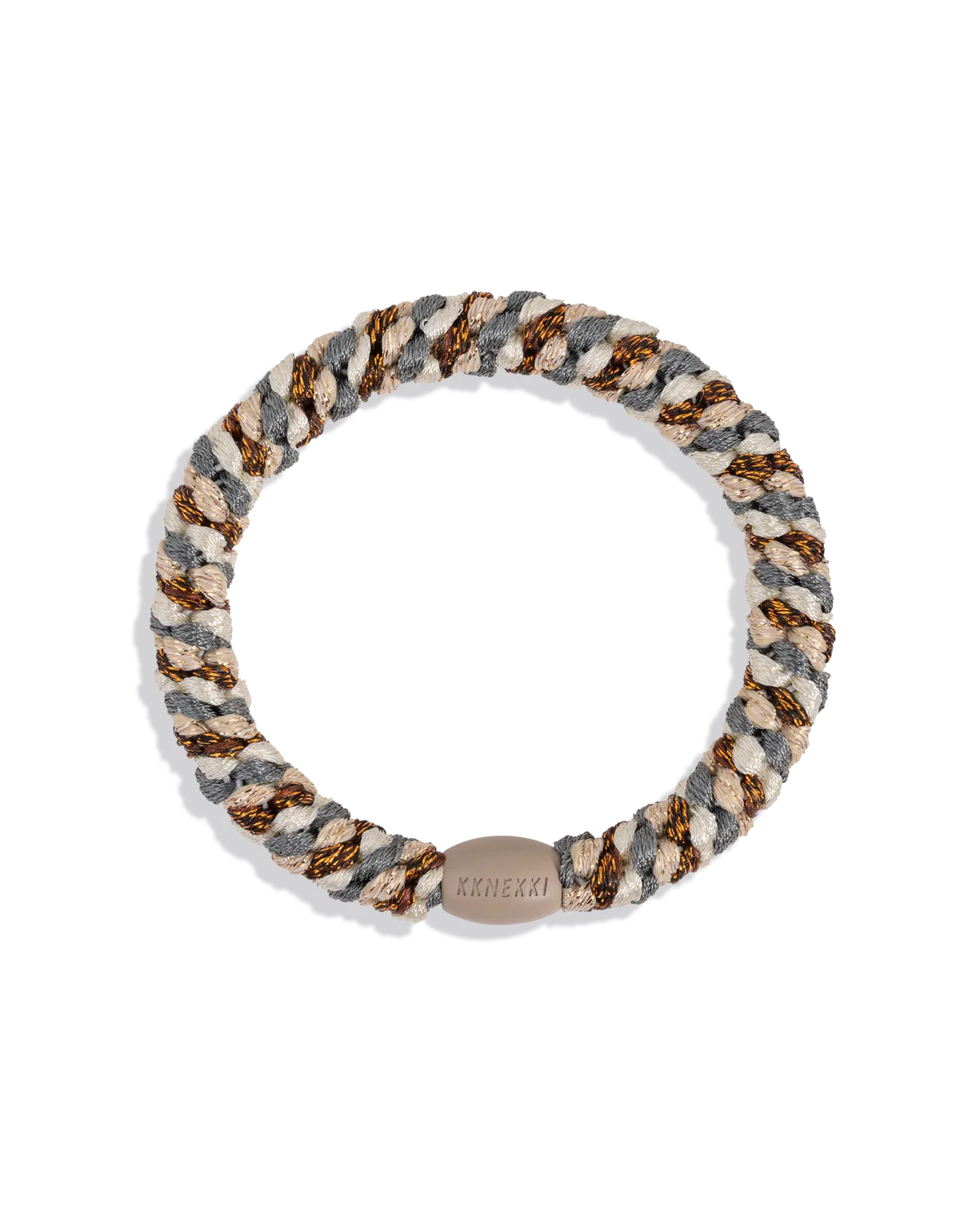 Woven hair tie with multicolor rope weave and small oval logo tag