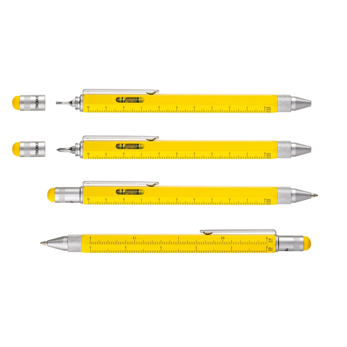Set of yellow ballpoint measuring pens with ruler markings and bubble level details