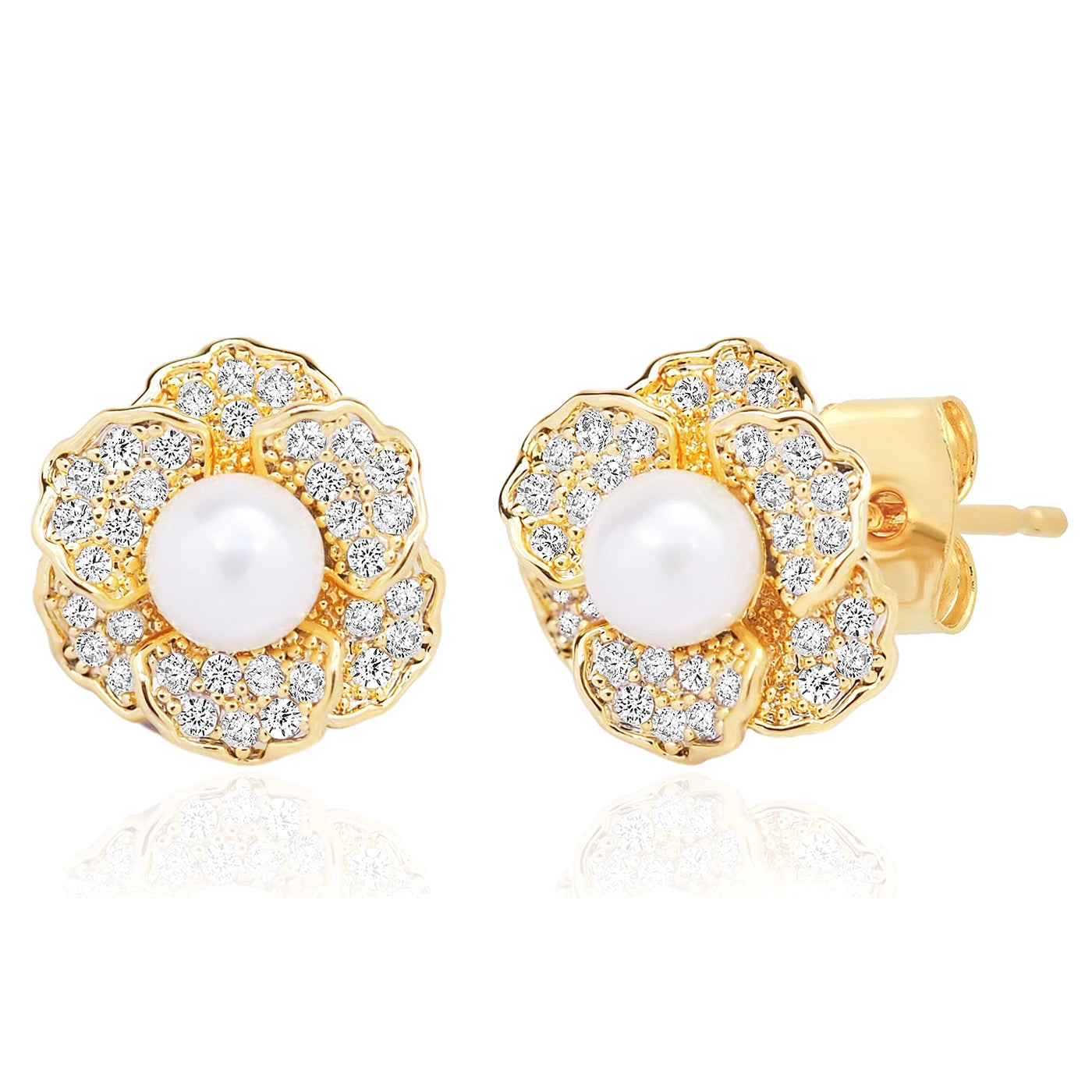 Gold flower stud earrings with pearl-like center and crystal pave petals
