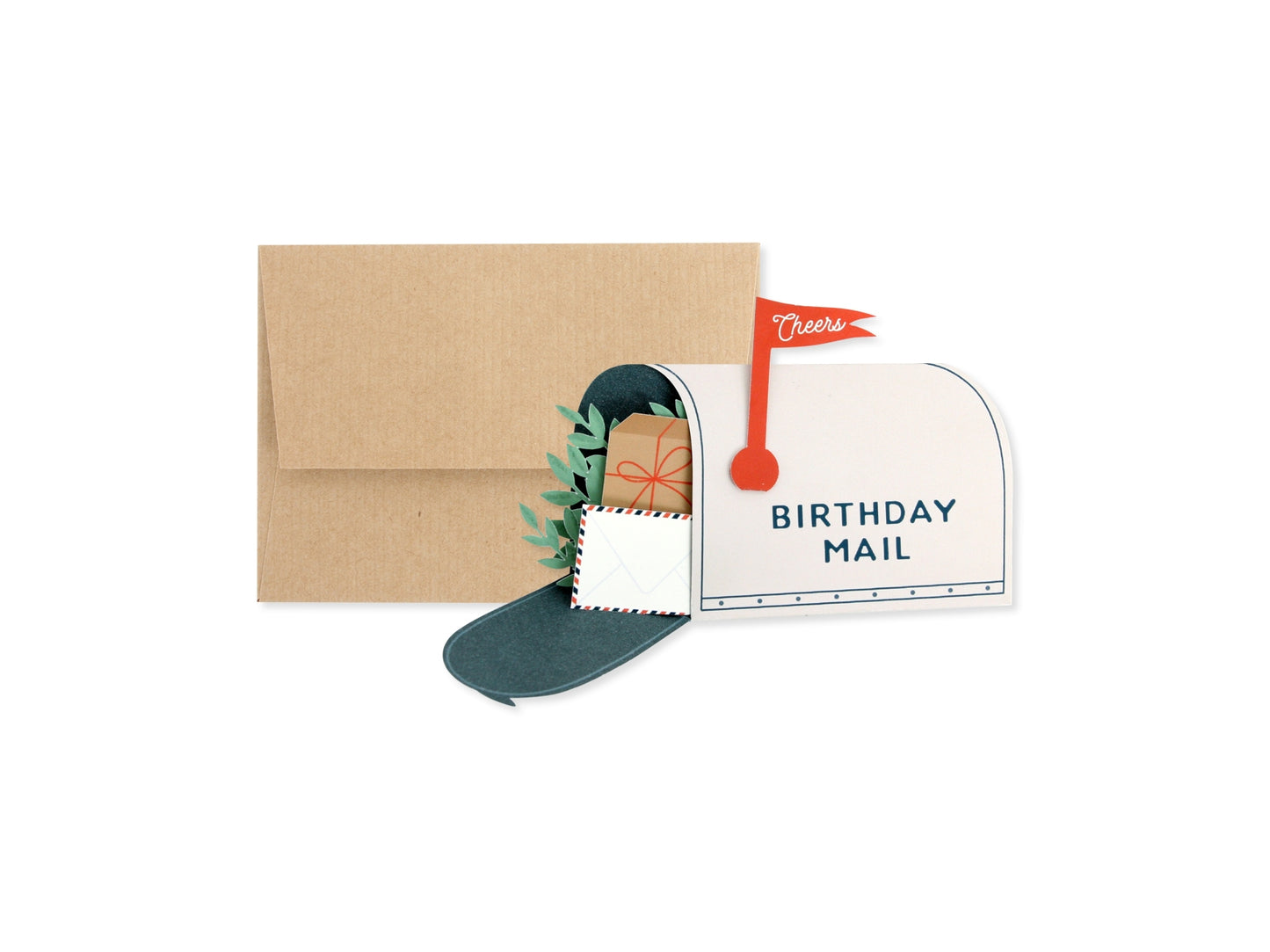 Birthday mail pop-up card with kraft envelope and greenery insert, POST and BIRTHDAY MAIL