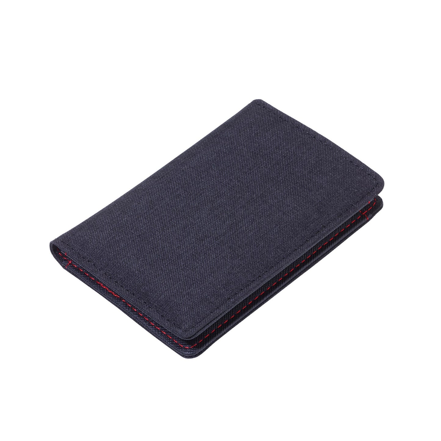 RFID protected card case, dark navy fabric with red edge stitching, closed front view