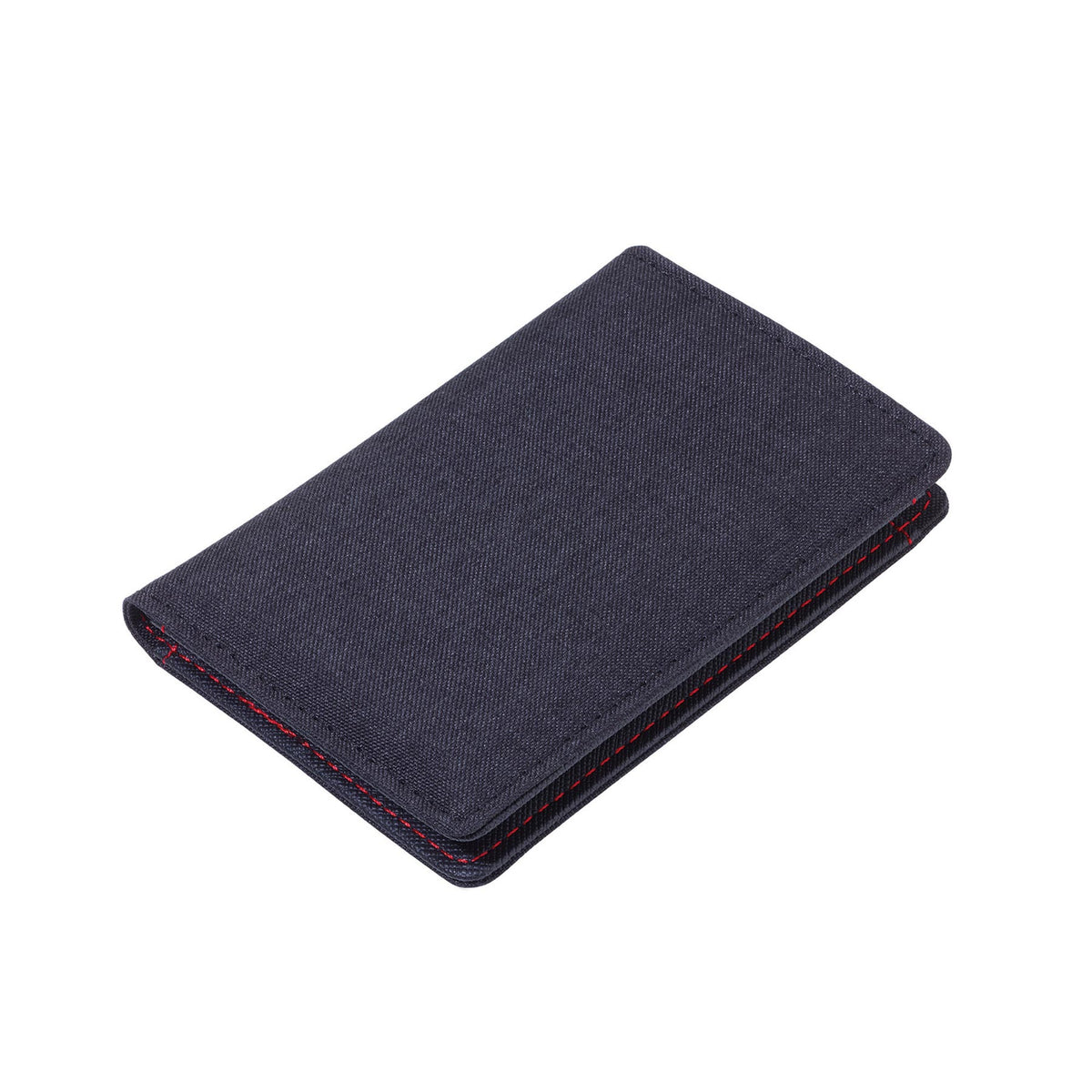 RFID protected card case, dark navy fabric with red edge stitching, closed front view
