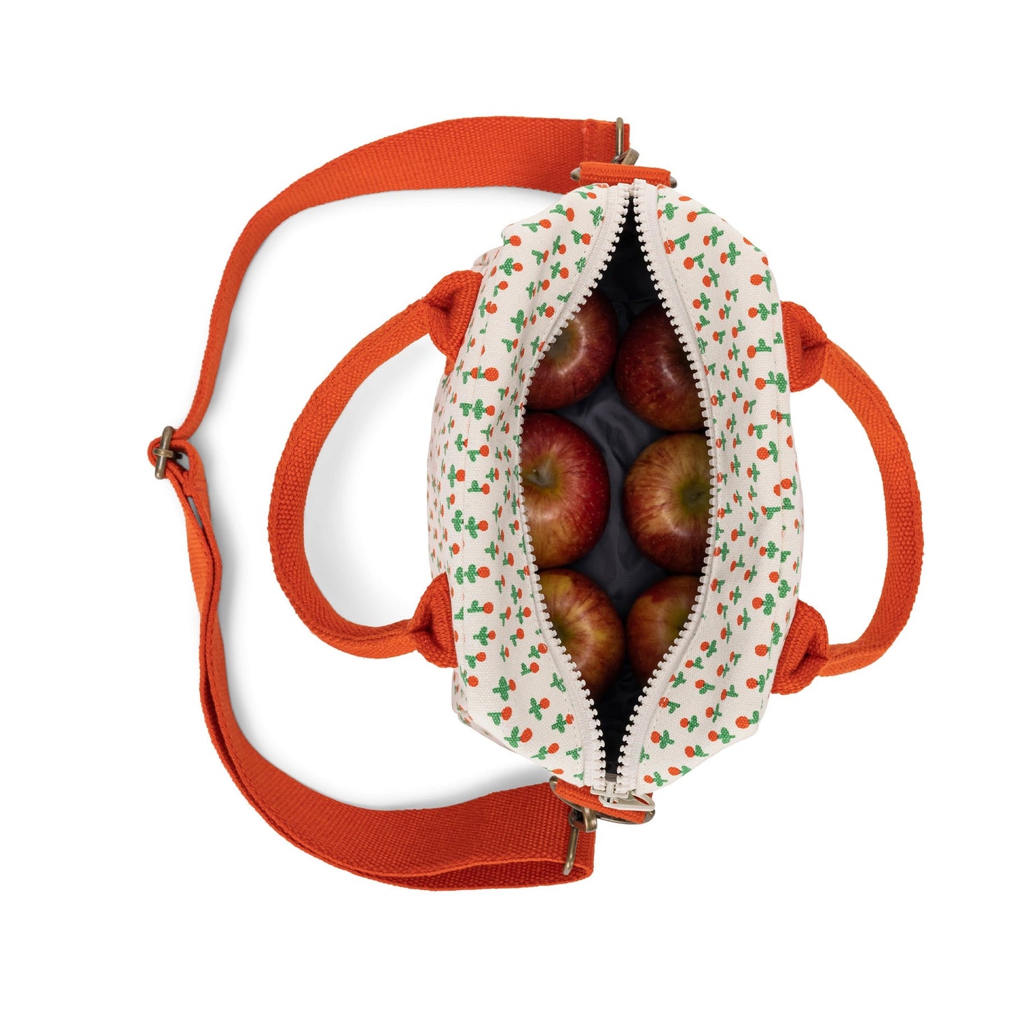 Lunch clutch bag, Tiny Roses print open zipper showing apples and orange straps