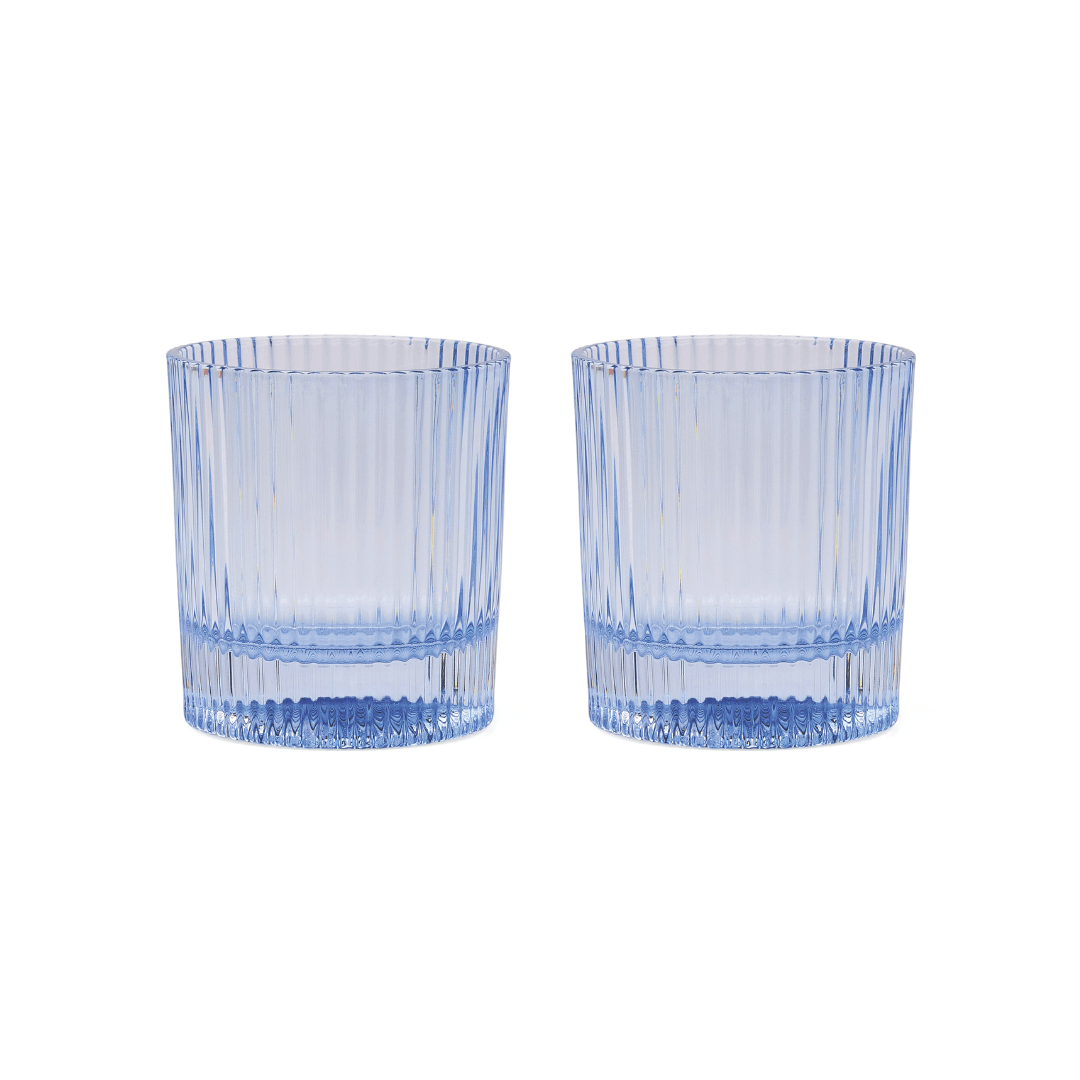 Set of two lowball glasses in blue, ribbed sides and clear rim