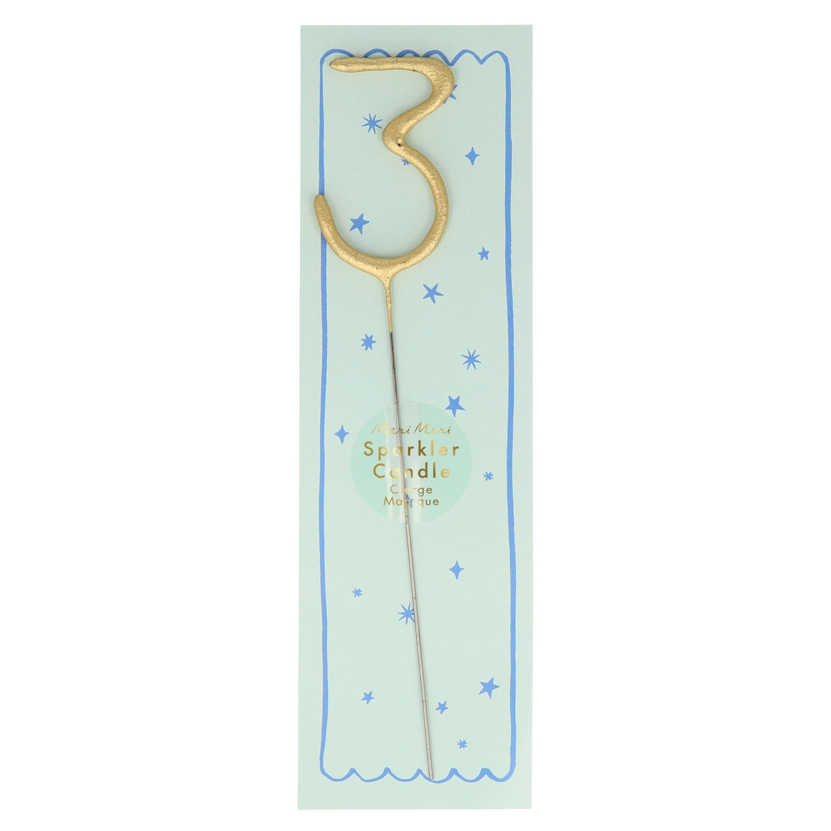 Gold number sparkler candle 3 with blue star pattern and pale blue center