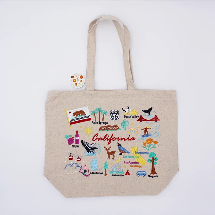 Natural canvas tote bag with multicolor California map embroidery and handles