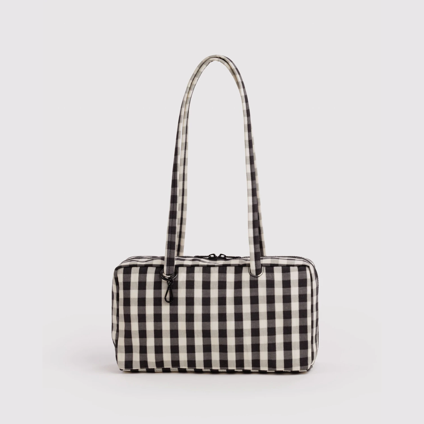 Black and white gingham nylon bowler bag with top handles and zip closure