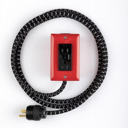 Exto USBC dual outlet cord with black braided cable and red dual outlet plate