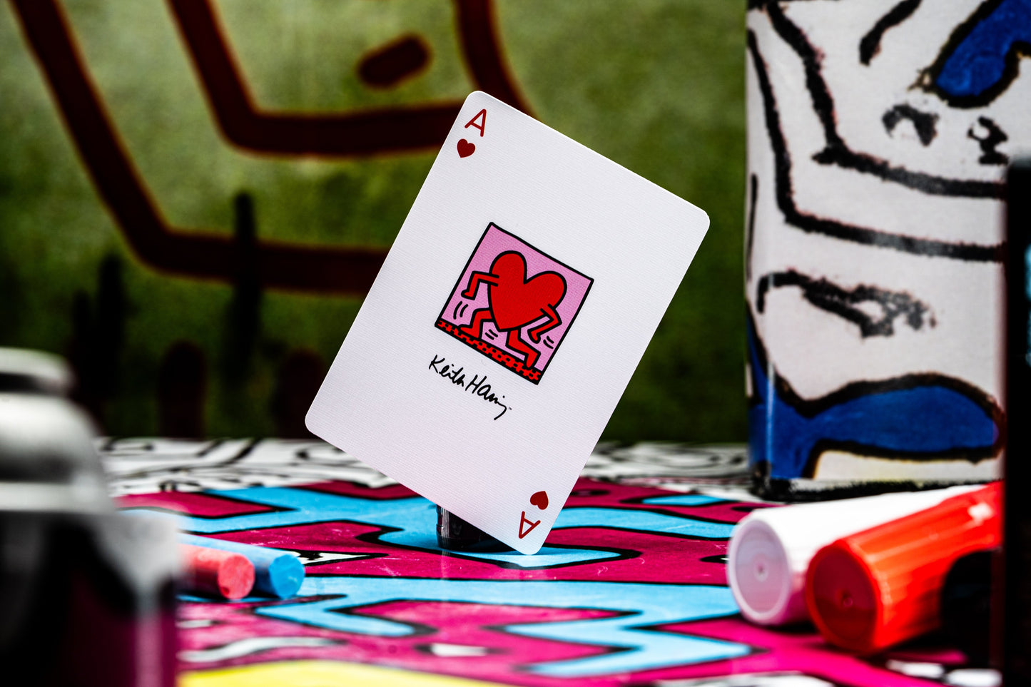 Keith Haring playing cards, single Ace of hearts card with red illustration