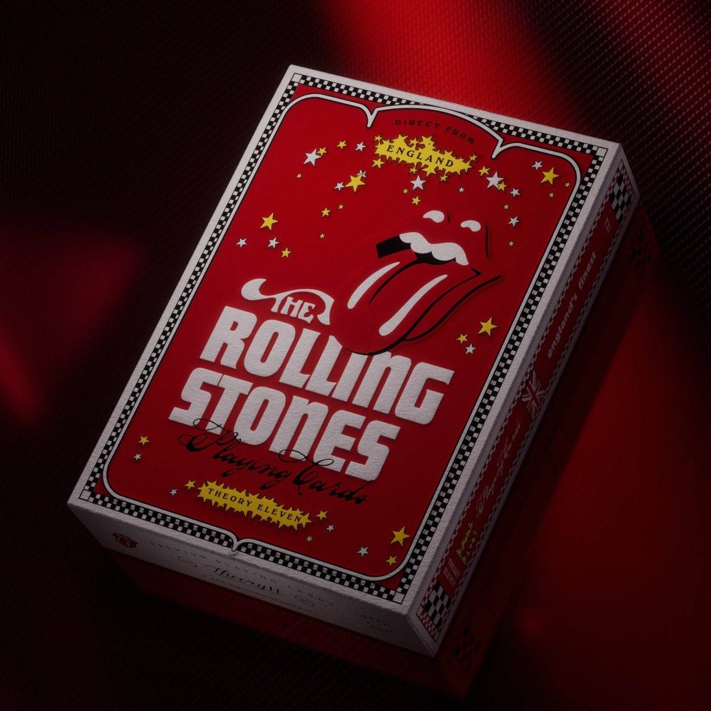Rolling Stones playing cards deck box with red lips graphic and star border