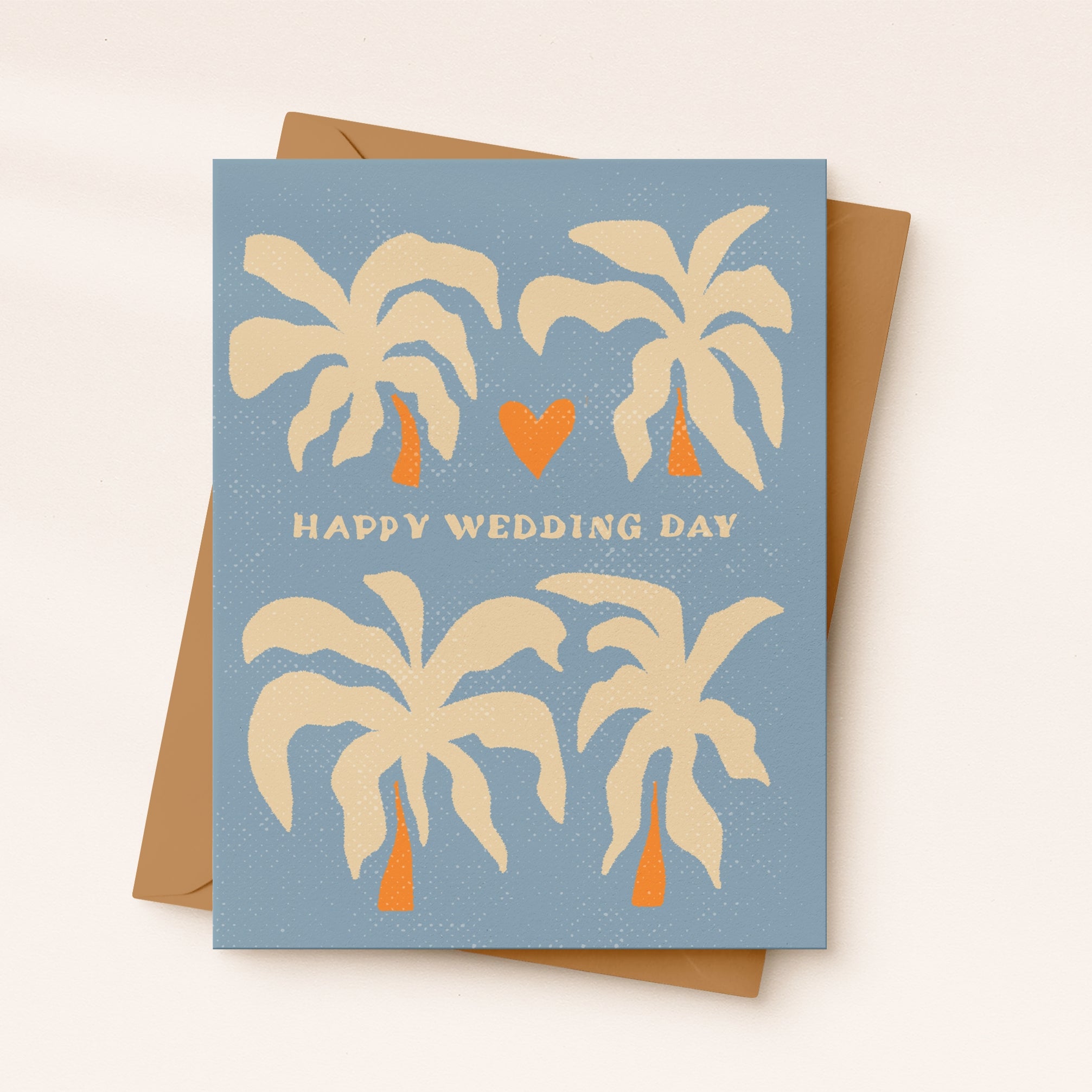 Beach wedding card, blue with palm trees, heart, and “Happy Wedding Day” text