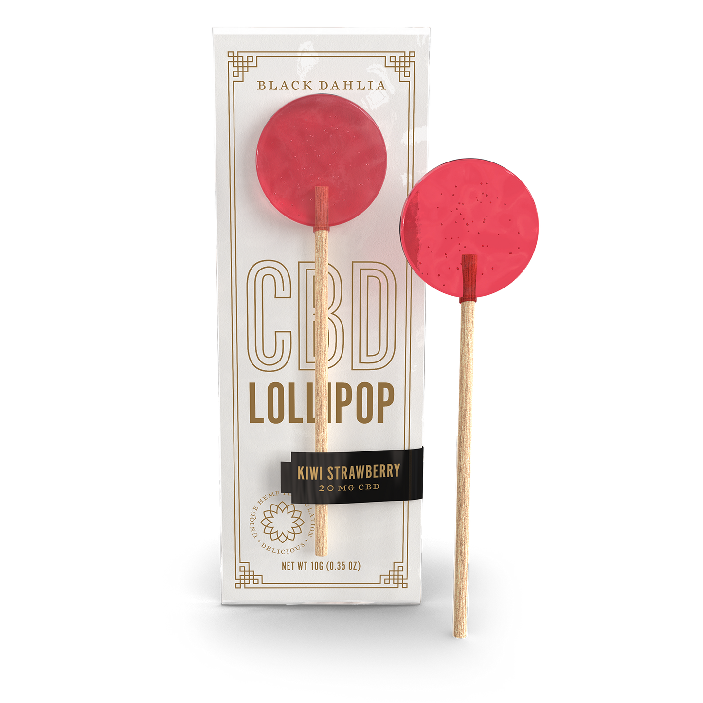 Black Dahlia CBD lollipops, kiwi strawberry flavor; red-pink round lollipops on sticks